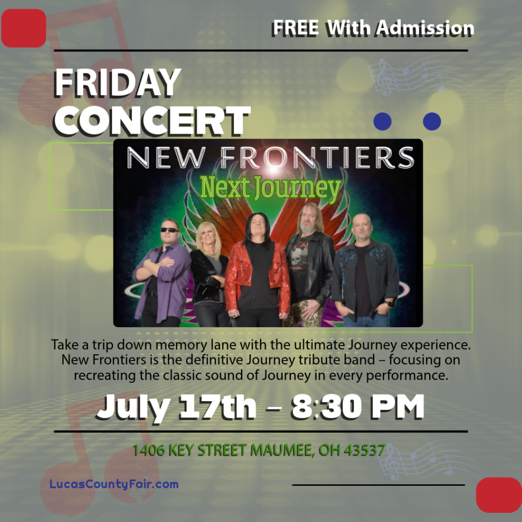 Promotional image of the band New Frontier featuring five members posing in front of a colorful winged background with the text “New Frontiers” and “Next Journey,” representing a live tribute to the classic rock band Journey.